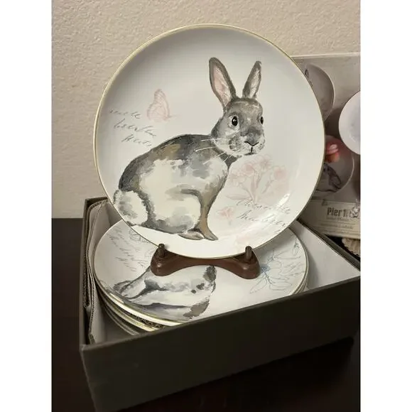 Pier 1 Imports Easter Elegant Gray Bunnies Rabbit 8" Salad Dessert Plates -4 BOX - Picture 3 of 7
